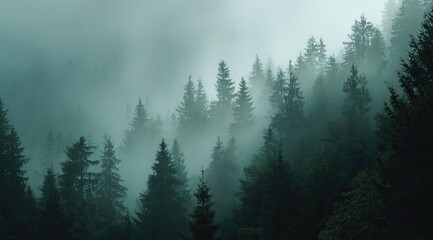Misty mountain forest.  Dark, dense trees enveloped in a thick, teal-toned fog