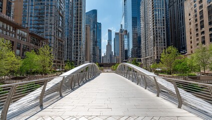 Fototapeta premium A straight walkway in Chicago, made of stainless steel mesh with no railings on the sides, is empty, leading to downtown buildings and green trees. The sky above it has clear blue skies.