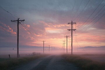 A country road at sunrise, shrouded in a light pink and purple mist, with utility poles and power lines stretching into the distance