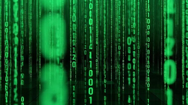 Binary code raining down in a digital matrix, with glowing green characters