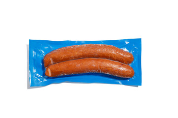 Front view of two vacuum-packed sausages in a blue plastic package. Isolated on a white background, ideal for product presentation.