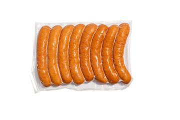 Front view of eight evenly packaged sausages in vacuum film. The sausages are visible isolated against a white background.