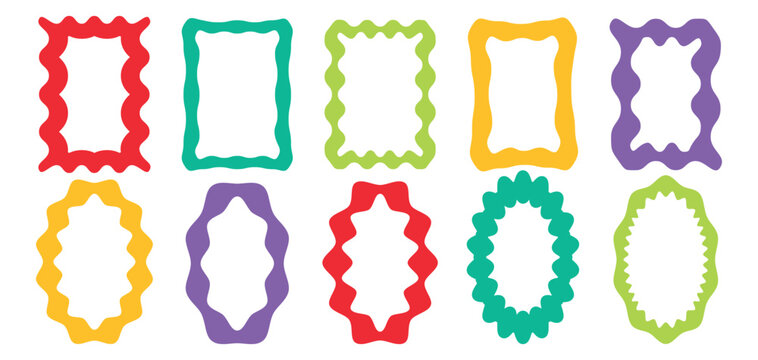 Wavy frame border set. Wavy Scalloped Rectangular and Oval Frames Collection. Fun colorful vertical groovy 60s squiggly zigzag text frame. eps file. 