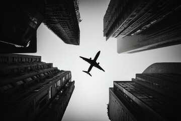A black and white perspective of a plane flying above towering city buildings. A low angle view looks up at the aircraft amidst skyscrapers
