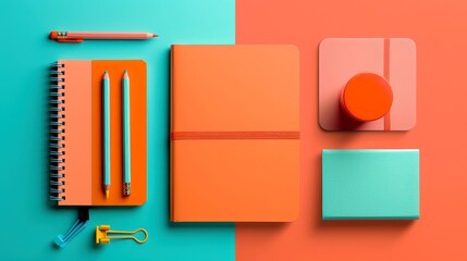 Charming Pastel Stationery Arrangement, a neat display of sharp pencils, notebooks, and an eraser, warm hues create an inviting, minimalist workspace vibe