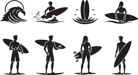 Dynamic surfers and wave icons capture thrilling ocean sports adventure