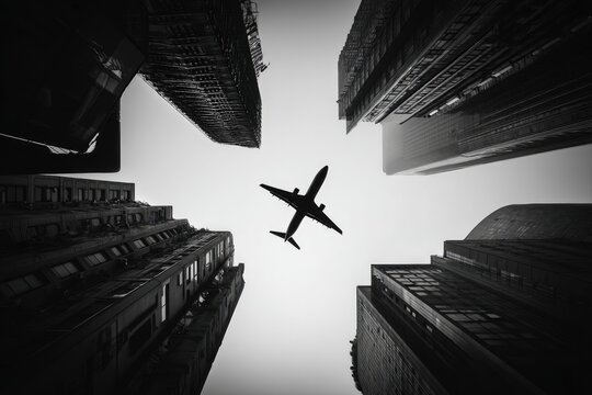 Fototapeta A black and white perspective of a plane flying above towering city buildings.  A low angle view looks up at the aircraft amidst skyscrapers