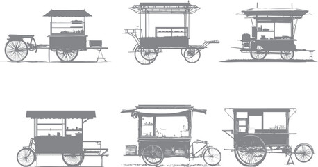 A collection of silhouette elements of traditional Asian street food carts. Suitable for promotional elements such as banners, social media, flyers, and roll-up banners.