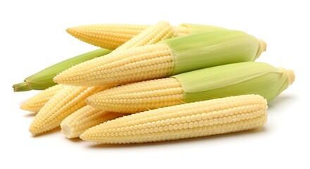 Fresh baby corn cobs with green husks on a white background