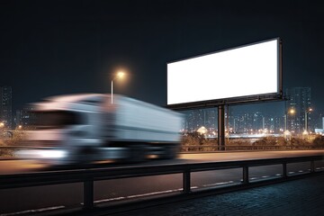 A large blank billboard on a highway at night with a truck in motion