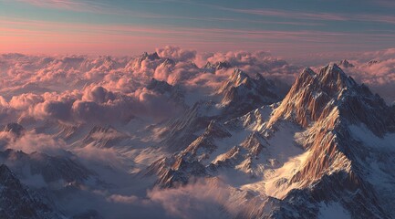 High-altitude view of snow-capped mountains shrouded in pink clouds at sunset