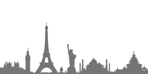 Iconic vector silhouettes of the Eiffel Tower, Statue of Liberty, and metropolis buildings, simple flat style, perfect for flyer elements, banner headers, book covers, and social media decoration.