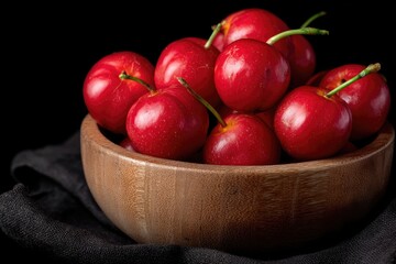 Fresh red cherries in a wooden bowl on dark fabric