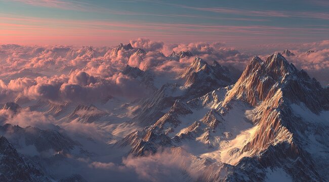 High-altitude view of snow-capped mountains shrouded in pink clouds at sunset