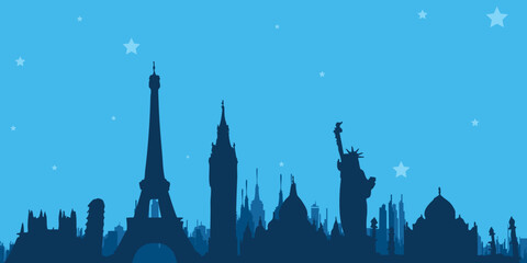 Vector silhouettes featuring the Eiffel Tower, Statue of Liberty, and iconic skyscrapers, in a minimal style.