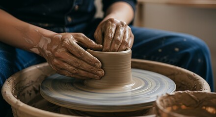 Potter's Hands Shaping Clay on Wheel, Crafting Art, Close-Up View