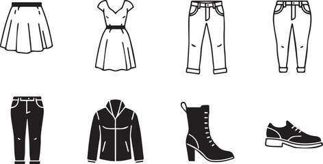 Diverse Clothing and Footwear Icons in Black and White Outline Style fashion apparel