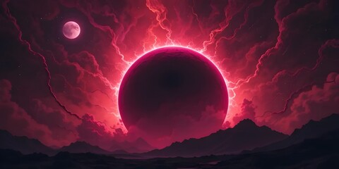 Dramatic crimson planet rising over a dark mountain range with glowing nebula clouds, perfect for science fiction book covers or captivating space themed presentations