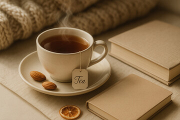 Warm cup of tea with almonds and books on cozy blanket  