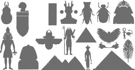 A collection of ancient Egyptian silhouette elements featuring kings, pharaohs, monumental statues, and hieroglyphs with a classic feel, ideal for print media design, wallpapers, social branding,
