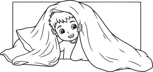 Whimsical illustration of a cheerful little boy peeking from und