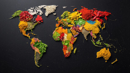 Vibrant world map art made of colorful spices and food ingredients, celebrating global cuisine and diversity