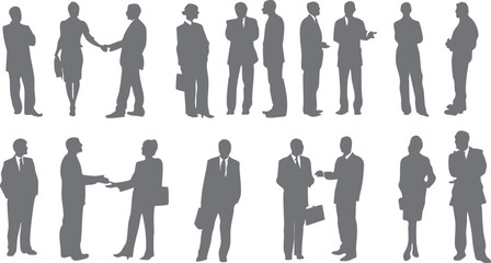 Desain siluet dua pebisnis tengah berkomunikasi santai namun profesional, posisi tubuh tegap, simbol kerjasama dan networking, cocok untuk elemen flyer, poster perusahaan, serta konten digital 