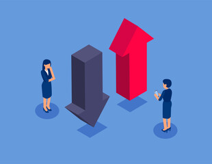 Business team with the upward and downward arrows. Flat isometric vector concept