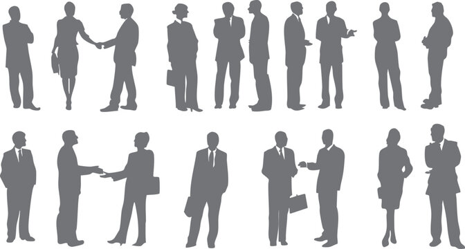 Desain siluet dua pebisnis tengah berkomunikasi santai namun profesional, posisi tubuh tegap, simbol kerjasama dan networking, cocok untuk elemen flyer, poster perusahaan, serta konten digital 