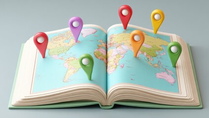 Colorful location markers on an open world map book.