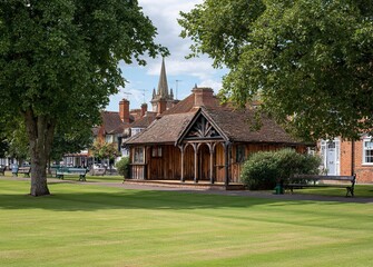 Fototapeta premium A view of the front lawn and pavilion building at a British village green bowling green, with a brown wooden house and an English town in the background. The green grass lawn is for the bowling sport.