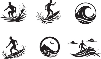 Dynamic surfers ride ocean waves in stylish black and white graphic designs