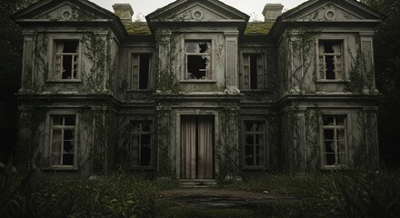 Fototapeta premium Creepy Abandoned Mansion in Woods, Covered in Vines and Moss, with Broken Windows