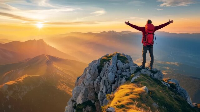 Solo Traveler Stands Triumphant on Mountain Cliff at Sunrise with Arms Outstretched Breathing Crisp Air, Captured in Cinematic Medium Wide Shot Among Stunning Golden Peaks and Morning Light