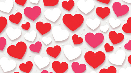 Charming pattern of scattered red, pink, and white hearts creating a festive and romantic visual for celebrations
