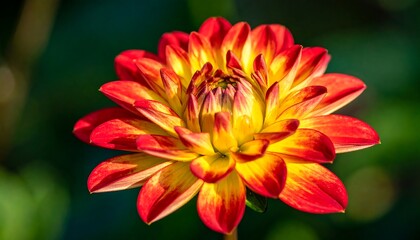 Vibrant dahlia bloom with fiery red and golden yellow petals against a blurred green background