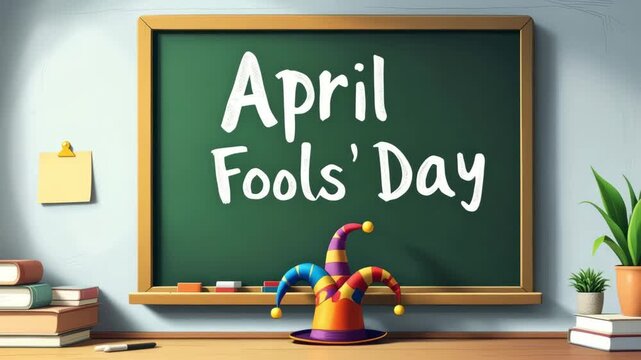 A chalkboard displays the text 'April Fools' Day'. Colorful jester hats are placed nearby. Books are stacked on a table, creating a playful atmosphere.