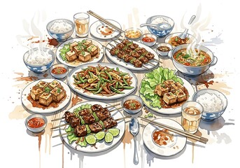 Vibrant Watercolor Asian Feast Flat Lay Illustration