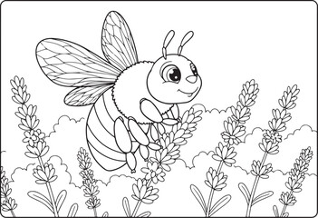 Outline illustration of a cute cartoon bee flying near lavender