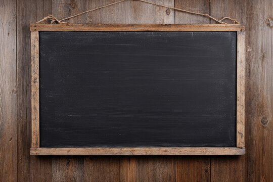 A rustic black chalkboard mounted on a wooden wall