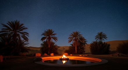 Desert Oasis Night: Bonfire Under the Stars in a Tranquil Palm Grove Setting