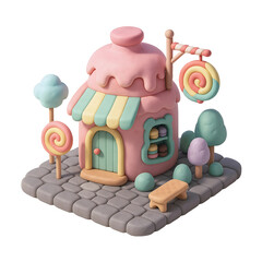 Charming claymation isometric 3D of candy house with a pink frosting roof and lollipop decorations.