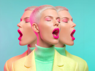  Twin sisters, Female friends with short blond hair, sporting fuchsia lipstick, green turtlenecks, yellow jackets, closing eyes while and shout laughing against turquoise setting