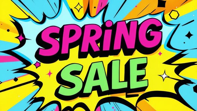 Colorful graphic design featuring bold text announcing a spring sale. Bright background with dynamic shapes and vibrant colors creates an energetic atmosphere.