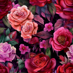 Roses in pink and burgundy watercolor seamless pattern design