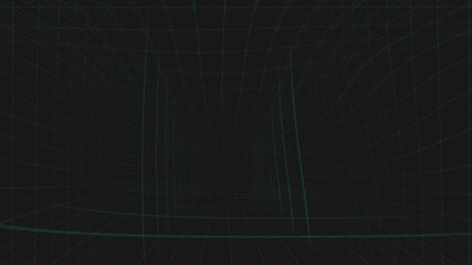 Abstract dark wireframe tunnel with a glowing digital grid perspective, creating a futuristic 3D space illusion ideal for tech or sci-fi visuals. - Powered by Adobe