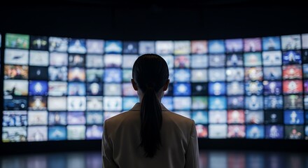 Solitary Professional Woman Facing a Vast, Curved Wall of Glowing Digital Screens