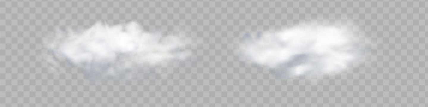 Realistic isolated cloud on transparent background. Vector set of realistic isolated fluffy cloud. Illustration of different types of cirrus and cumulus clouds. Vector.