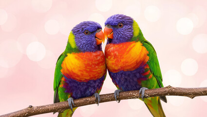 Vibrant rainbow lorikeets share an intimate moment perched on a branch, creating a heartwarming symbol of love and connection.