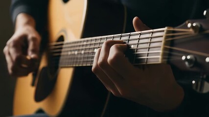 Close-Up of Hands Skillfully Playing an Acoustic Guitar with Warm Lighting, Showcasing Musical Passion and Artistry in a Relaxed Indoor Setting for Emotional and Relaxing Soundscapes